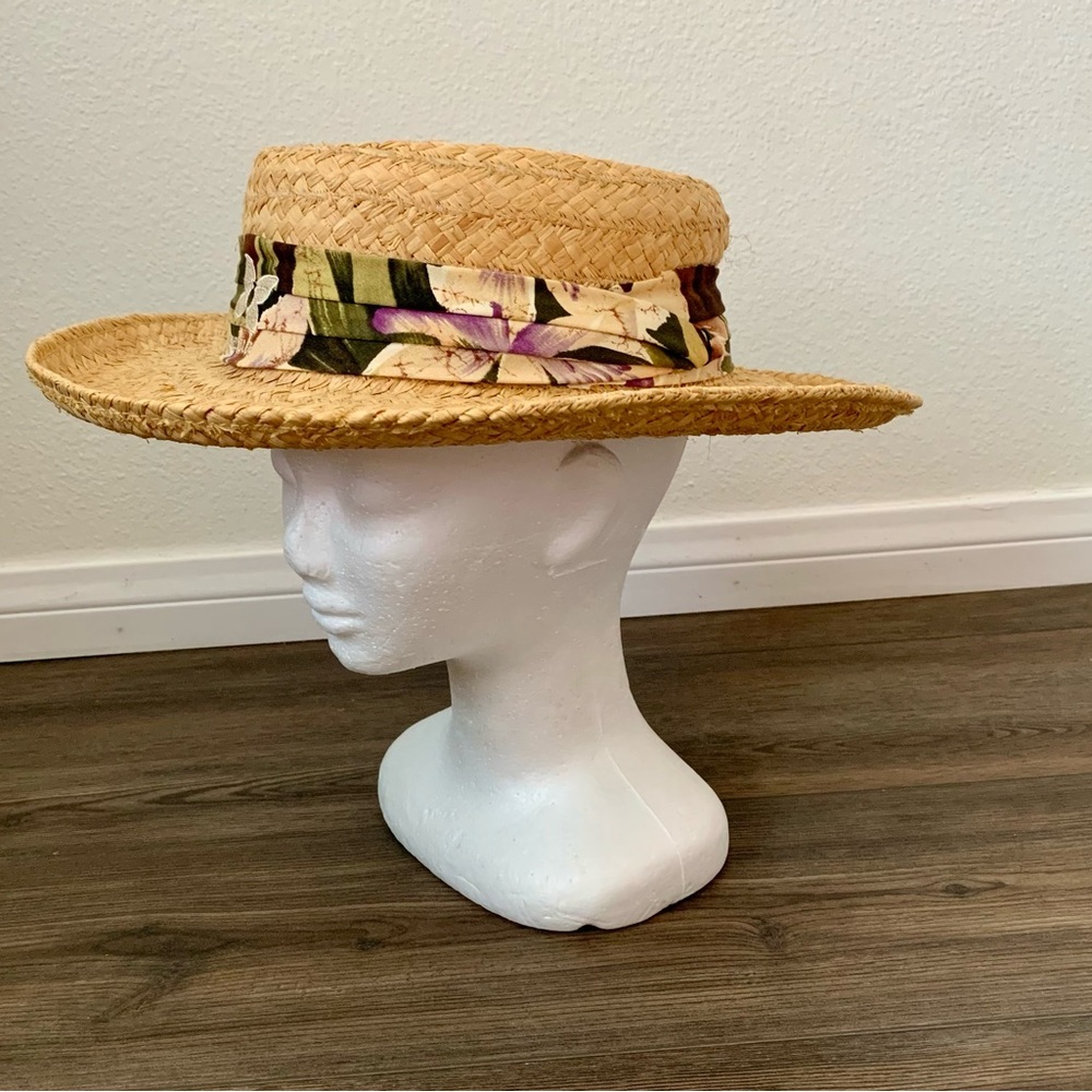 Fiesta Natural Straw Boater Hat with Olive and Purple Floral Band